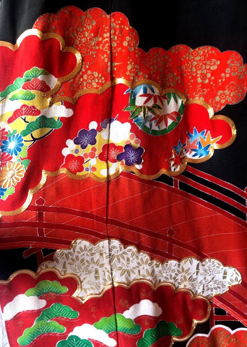 Kimono Formel Japonais Aux Cinq Kamons Vers 1960 Soie-photo-2