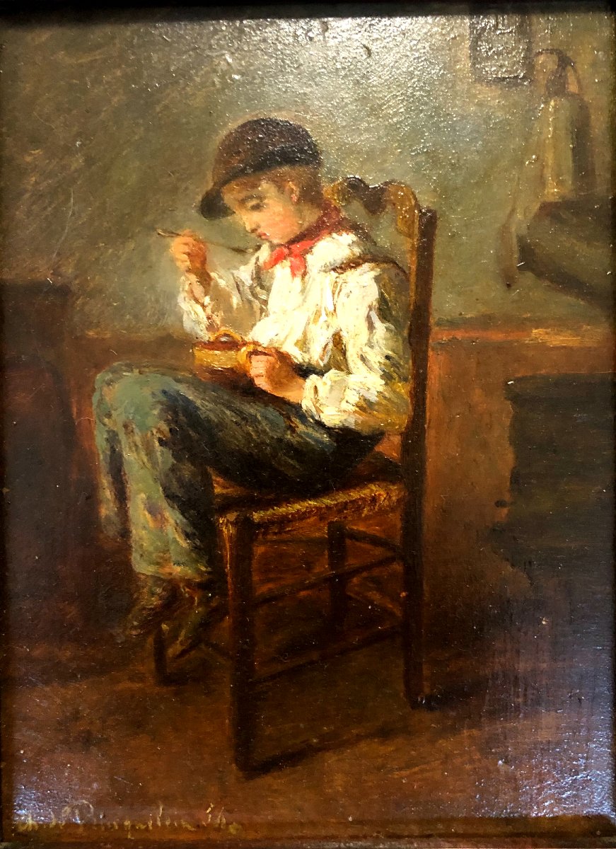 Jeune Poulbot Dans Sa Cuisine, Huile Sur Bois Vers 1860-photo-3