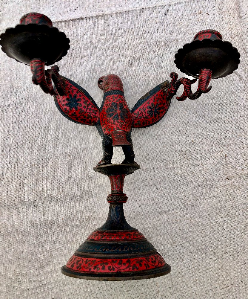Qajar Candlestick 19th Century Enamel On Bronze-photo-2
