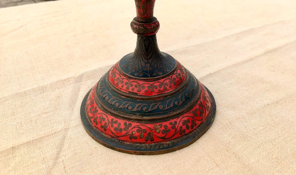 Qajar Candlestick 19th Century Enamel On Bronze-photo-3