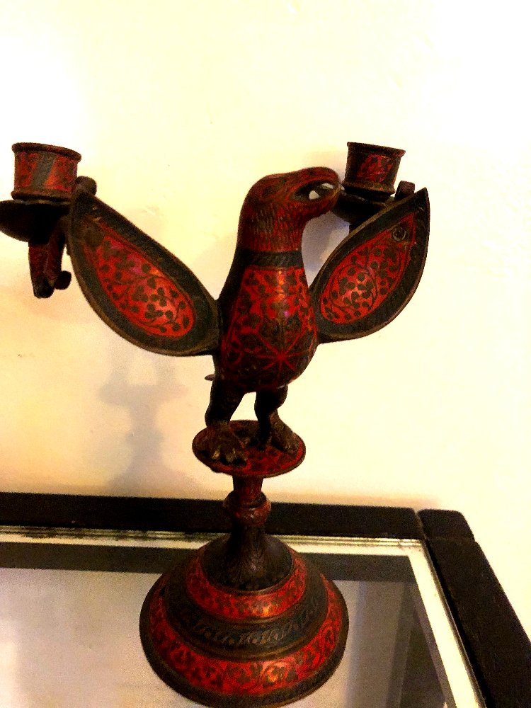 Qajar Candlestick 19th Century Enamel On Bronze-photo-5