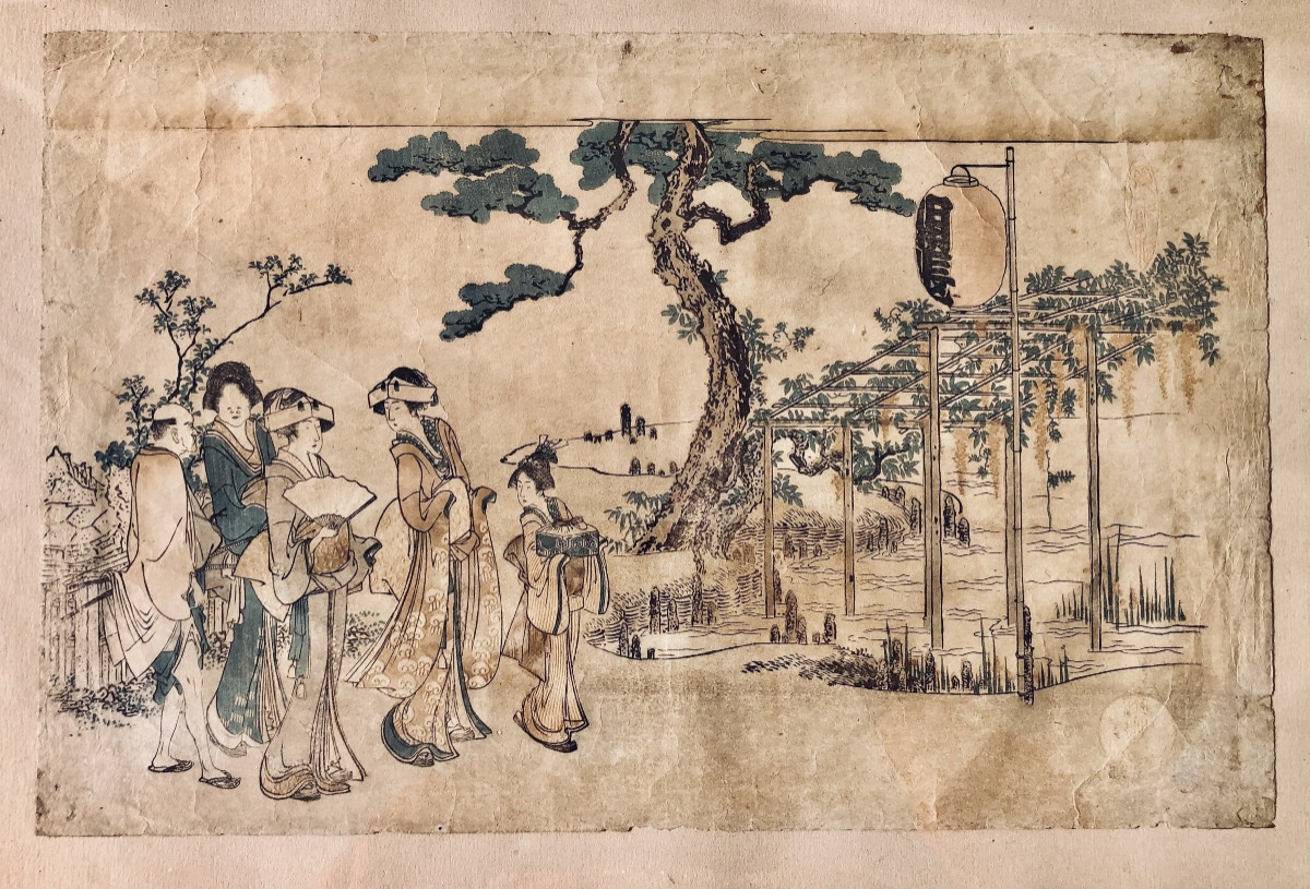 "wisteria Viewing At The Kameido Tenman Shrine" 1820 Hokusai