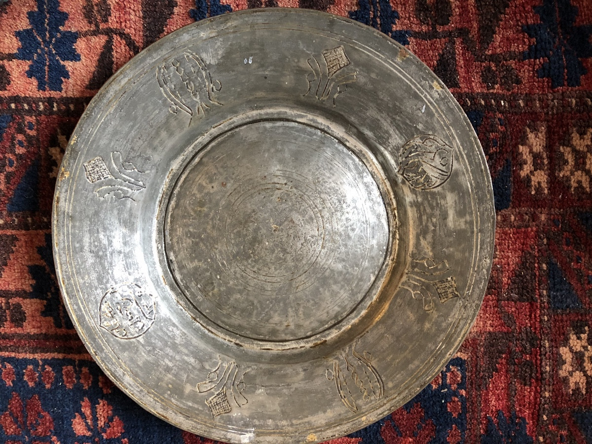 Plat creux Ottoman Damas XIX Alliage Cuivreux Etamé-photo-2