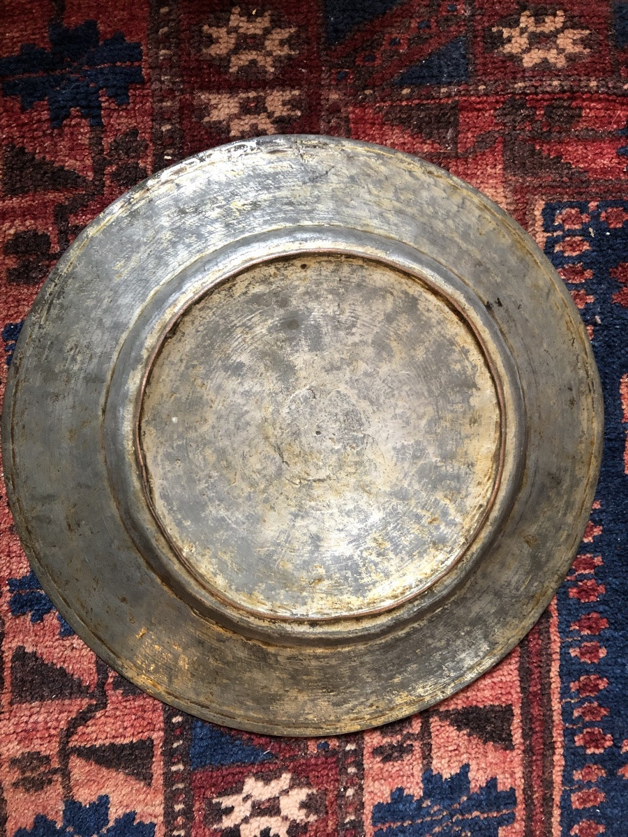 Plat creux Ottoman Damas XIX Alliage Cuivreux Etamé-photo-6