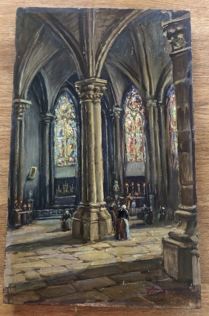 XIX Bordeaux Church Interior Oil On Wood-photo-3
