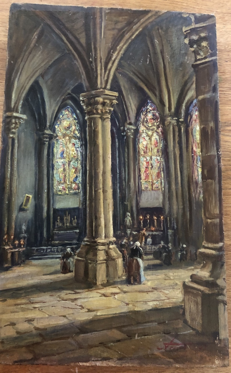 XIX Bordeaux Church Interior Oil On Wood