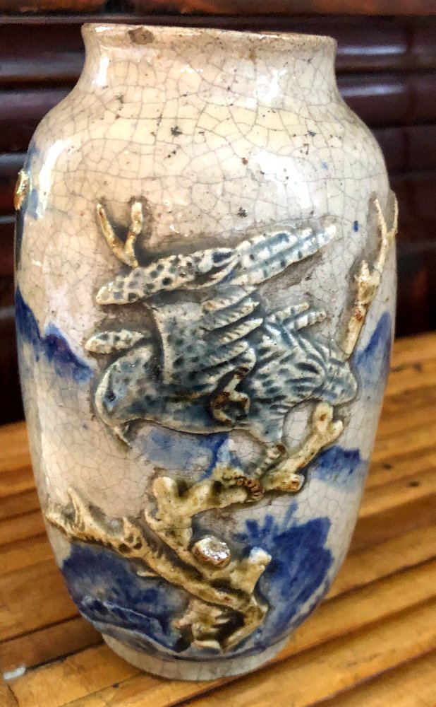 Crackle Glaze Meiji Satsuma With Bird Of Prey