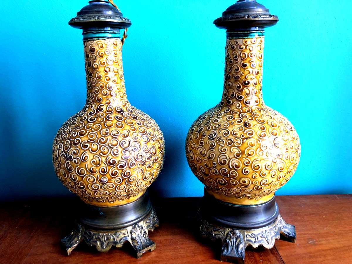 Paire de Lampes Art Nouveau Chinoiseries Boch Frères Keramis-photo-2