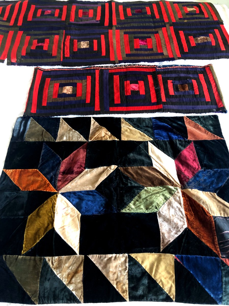 Trio de Patchworks Victorien Américains XIX Velours et Coton -photo-3