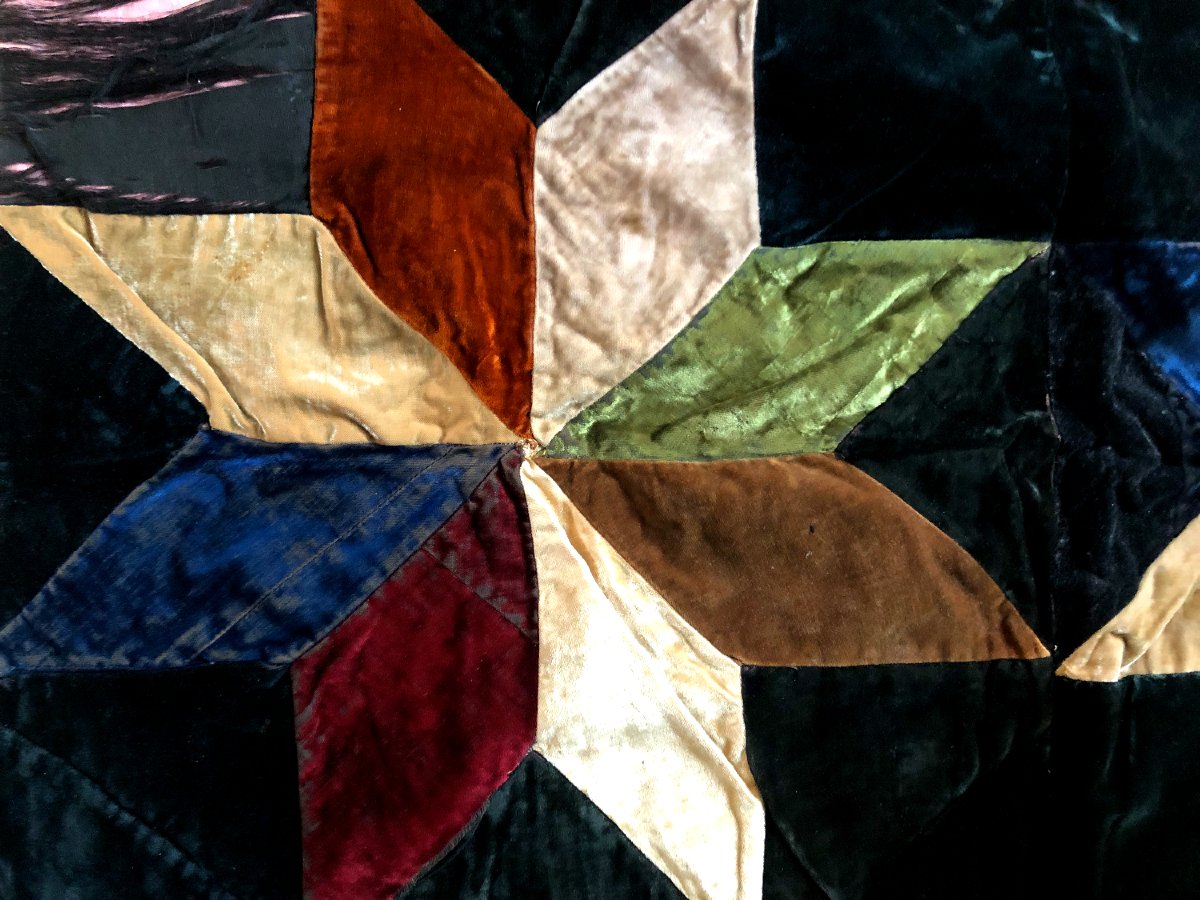 Trio de Patchworks Victorien Américains XIX Velours et Coton -photo-2