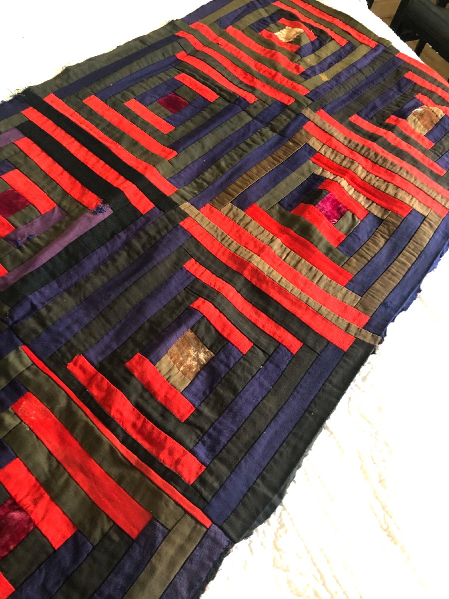 Trio de Patchworks Victorien Américains XIX Velours et Coton -photo-4