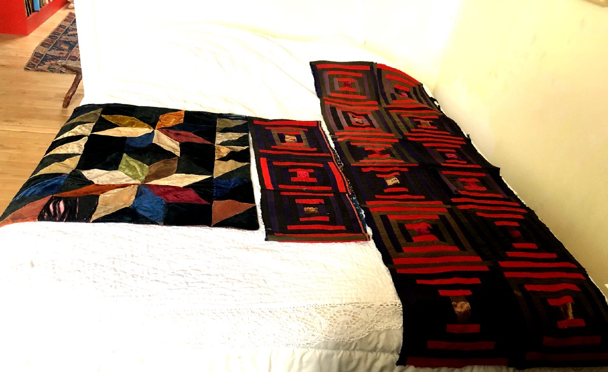Trio de Patchworks Victorien Américains XIX Velours et Coton -photo-6