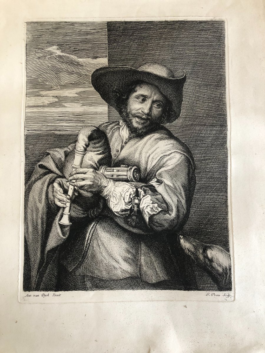 Portrait Of François Langlois As A Musette Player, Engraved By Jean Pesne After Van Dyck, 17th Century-photo-2