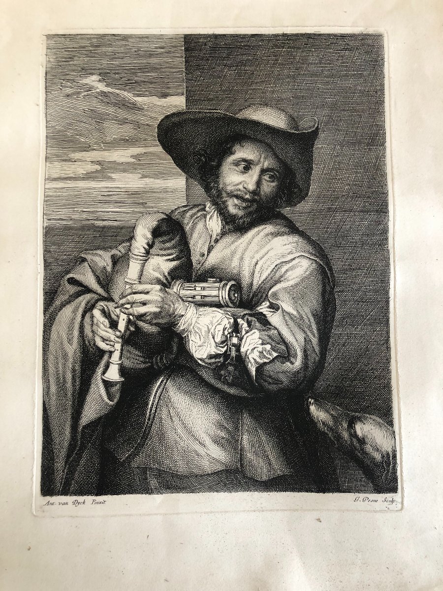 Portrait Of François Langlois As A Musette Player, Engraved By Jean Pesne After Van Dyck, 17th Century
