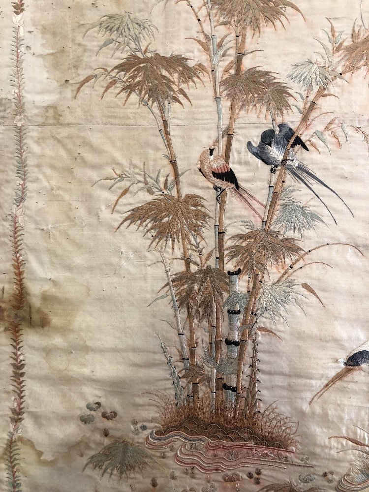 19th-century Chinese Embroidered Silk With Cranes And Flowers-photo-2