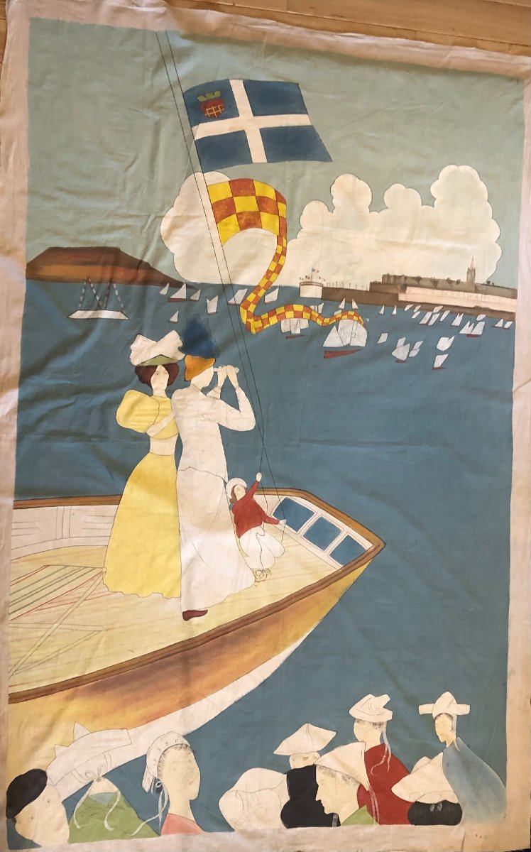 Belle époque "the Great Regattas Of Saint-malo–saint-servan" Early 20th-century Japanese-style Cotton Canvas-photo-3