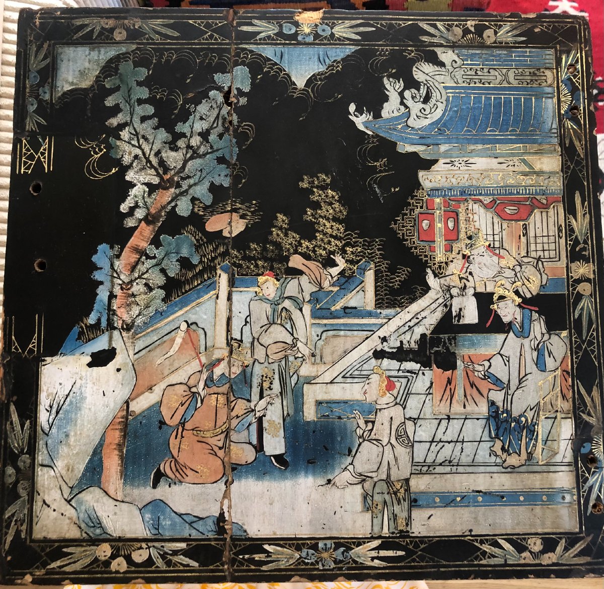 Panneau laqué polychrome à la Pagode Qing, Chine XIX 