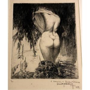 Gravure Impressioniste de Baigneuse De Fernard Hertenberger 1939