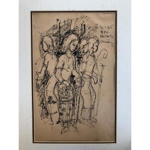 Ink Drawing Of Javanese Dancers 1970