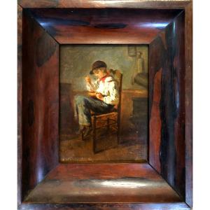 Young Poulbot In His Kitchen, Oil On Wood Circa 1860