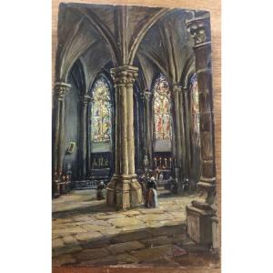 XIX Bordeaux Church Interior Oil On Wood