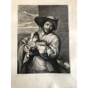 Portrait Of François Langlois As A Musette Player, Engraved By Jean Pesne After Van Dyck, 17th Century