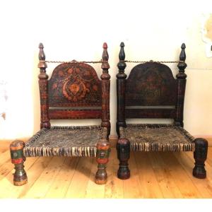 Paire de Chaises de Mariage Indiennes Swat Epoque Raj XIX