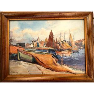 Aquarelle marine de Concarneau fin XIX