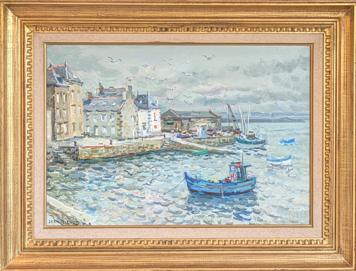 Huile sur toile, Jean Rigaud "Île de sein temps gris"