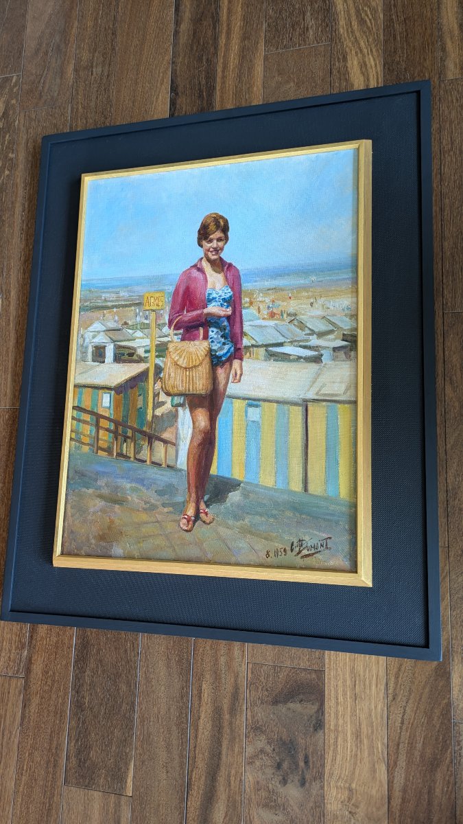 Dumond , jeune femme (Agnès) devant les cabines de plage -photo-1