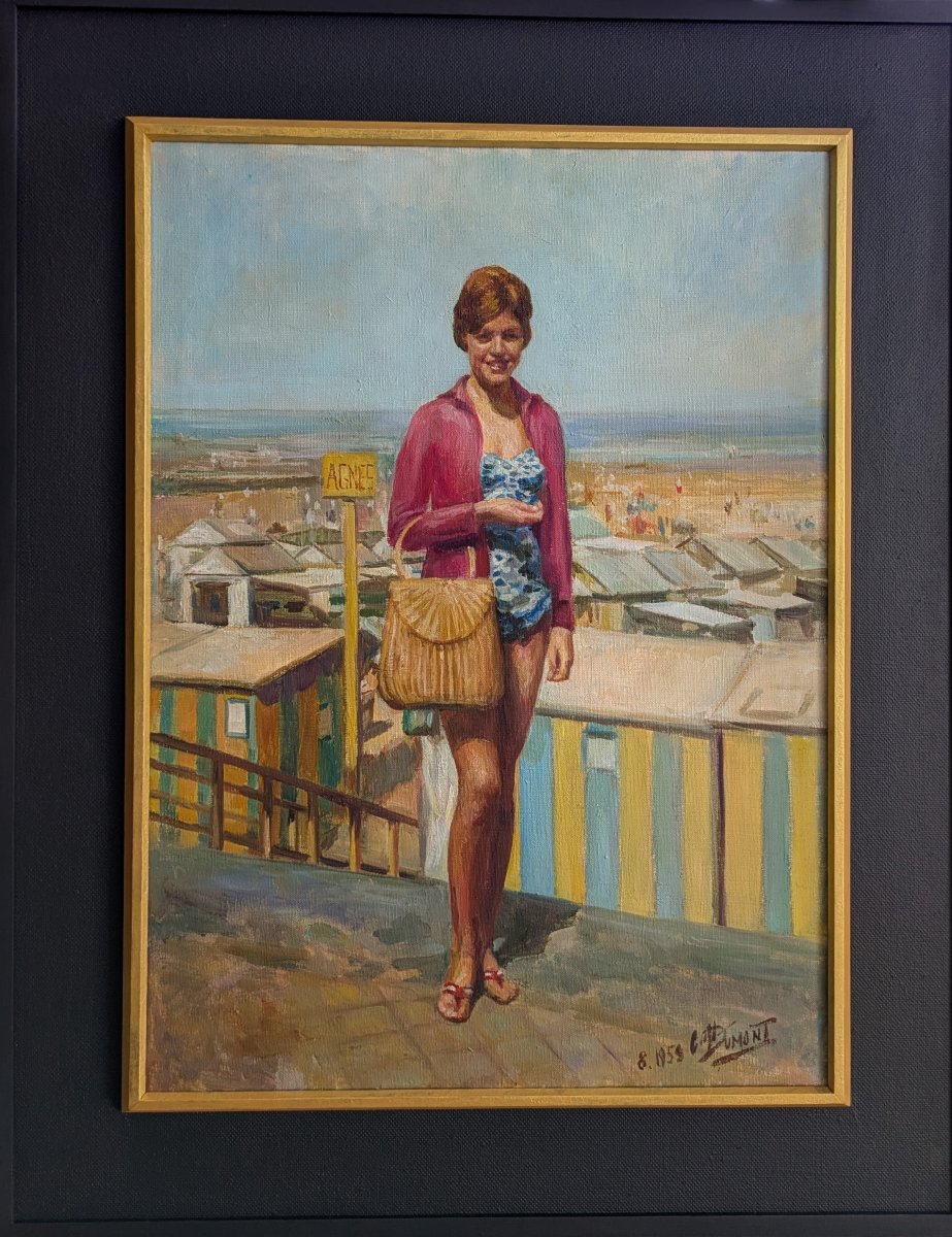 Dumond , jeune femme (Agnès) devant les cabines de plage 