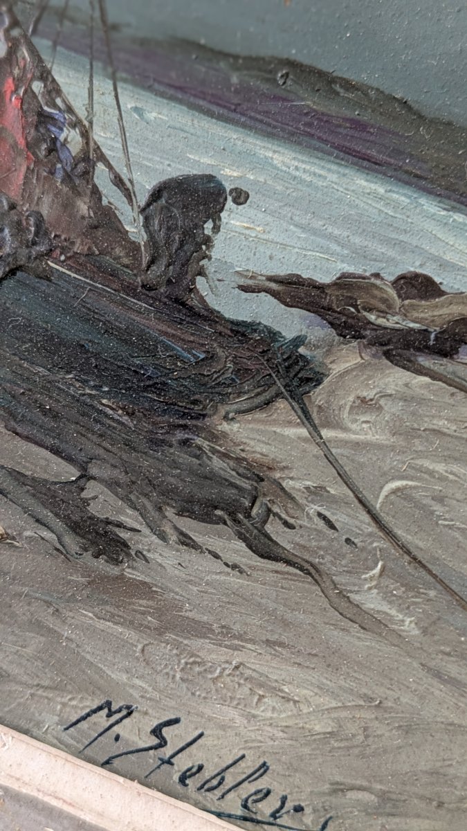 Stebler — Marine nocturne aux barques de pêcheurs-photo-3