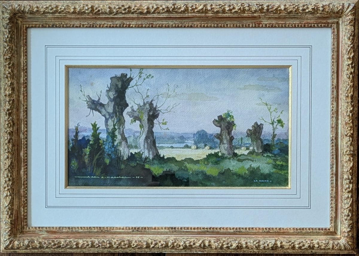 Jean Adrien Mercier (1899–1995) La Maine — Les Ormes Morts Aquarelle originale, 1986
