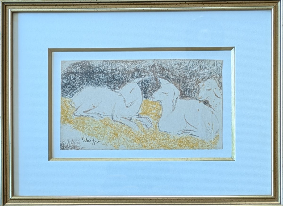 Édith Berger (1900 - 1994) Agneaux au repos Pastel et fusain sur papier