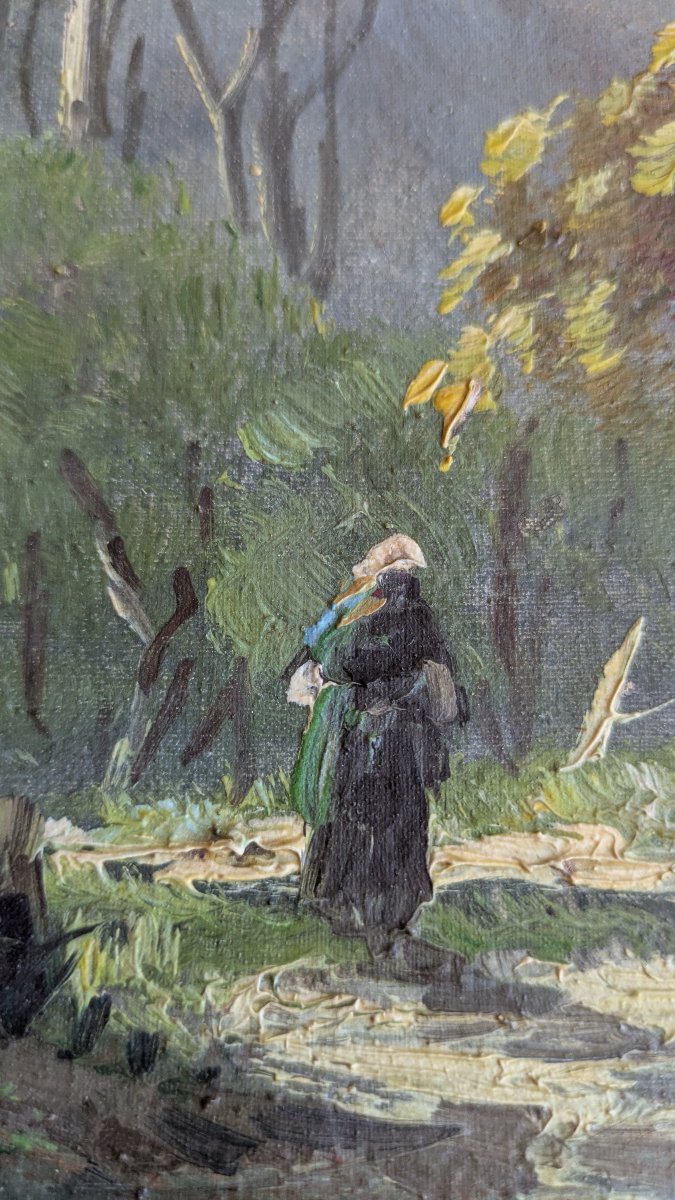 ém. Meyer (attributed To) — Lively Forest Undergrowth, A Hiker On A Forest Path-photo-4