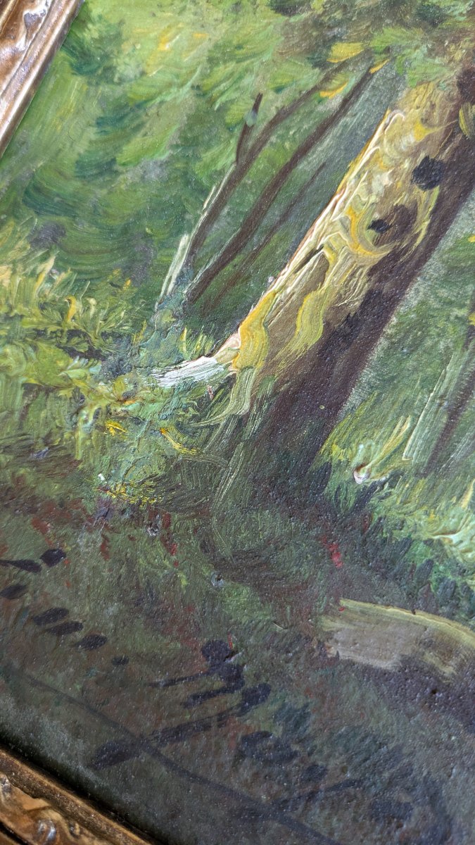ém. Meyer (attributed To) — Lively Forest Undergrowth, A Hiker On A Forest Path-photo-4