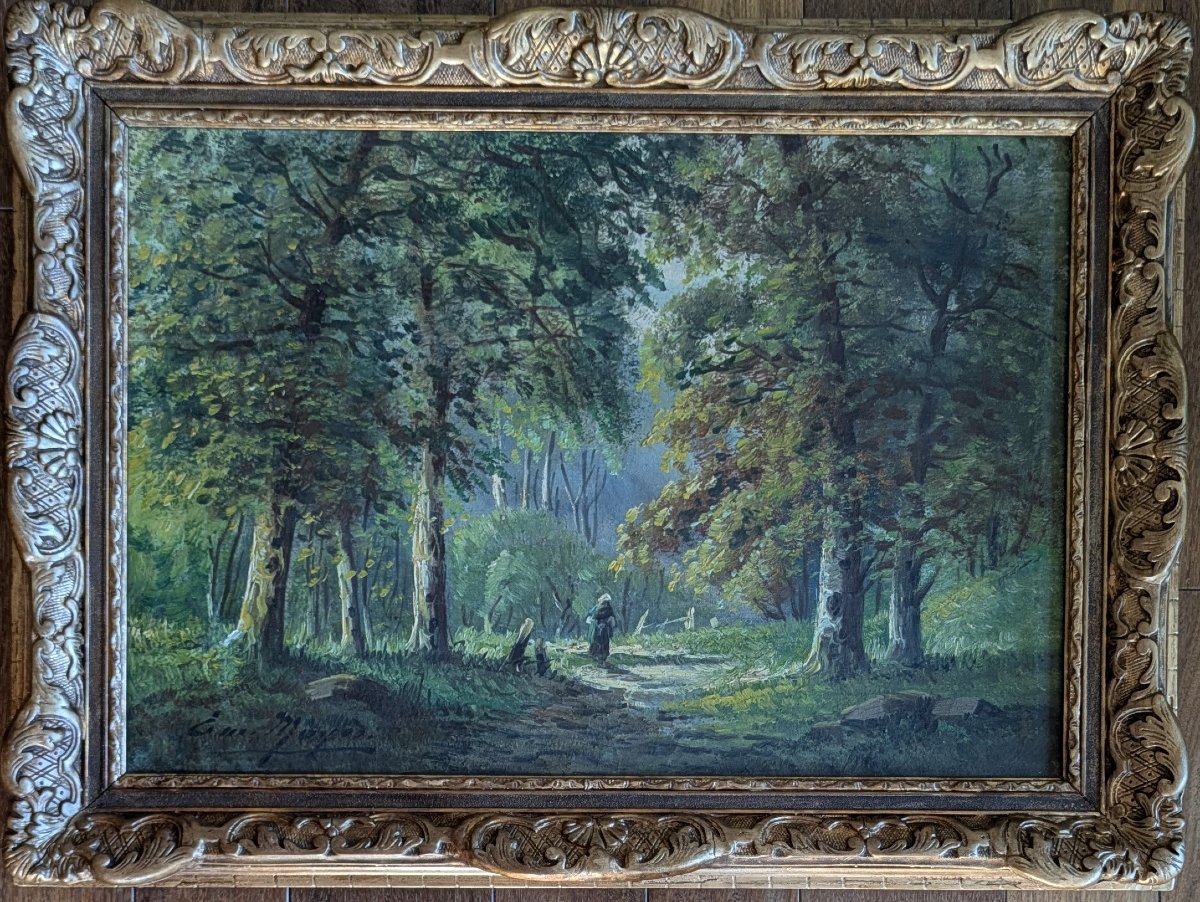 ém. Meyer (attributed To) — Lively Forest Undergrowth, A Hiker On A Forest Path