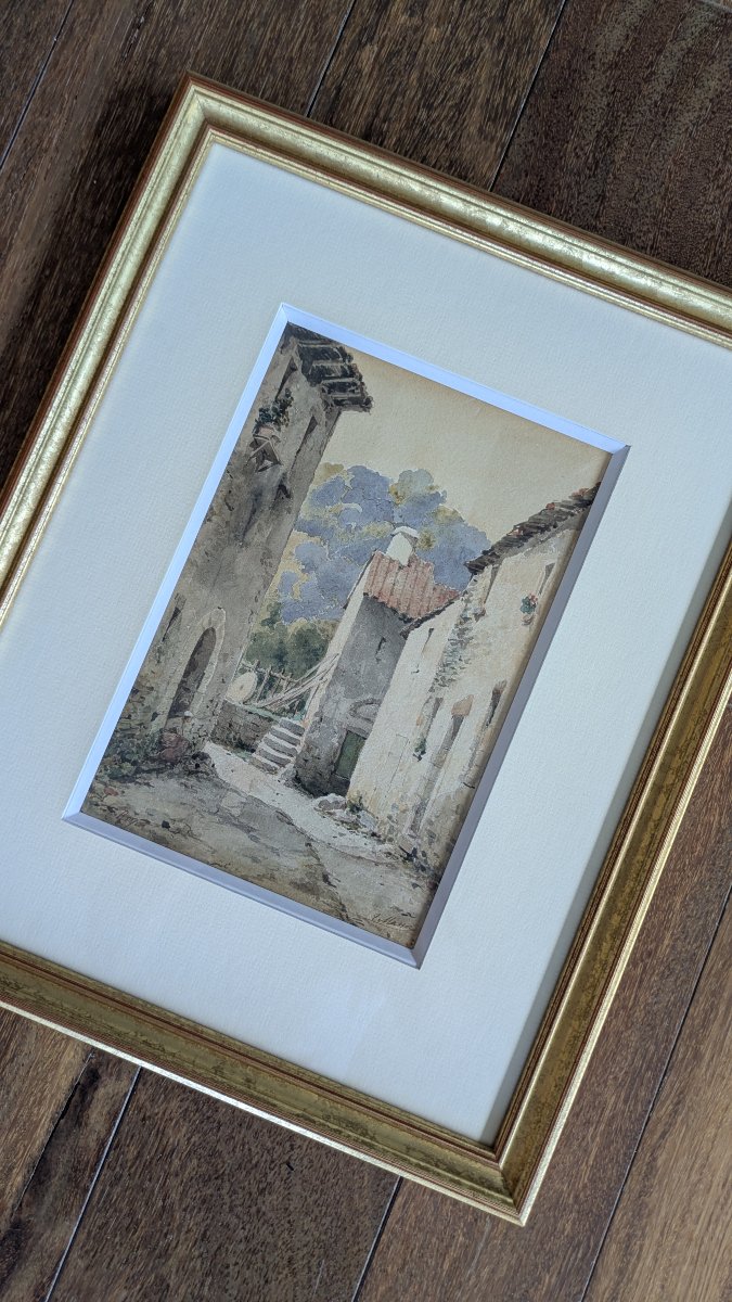Aquarelle signée V. Masson - Ruelle animée à Royat, vers 1900-photo-2