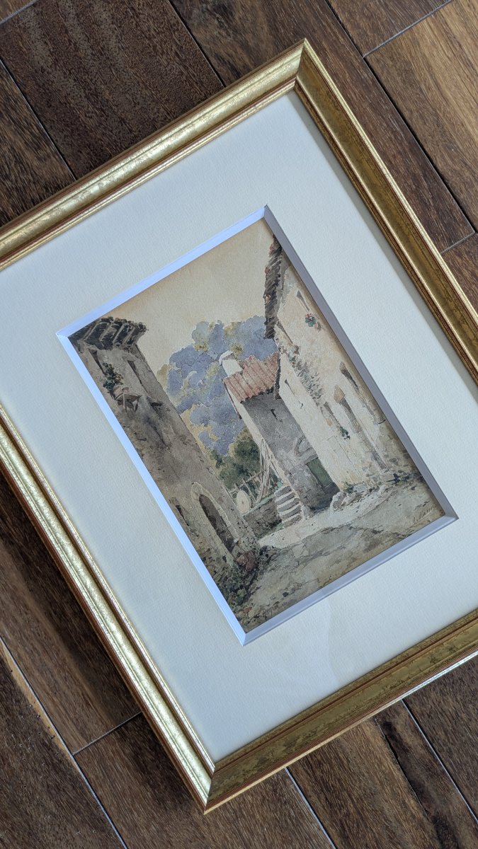 Aquarelle signée V. Masson - Ruelle animée à Royat, vers 1900-photo-3