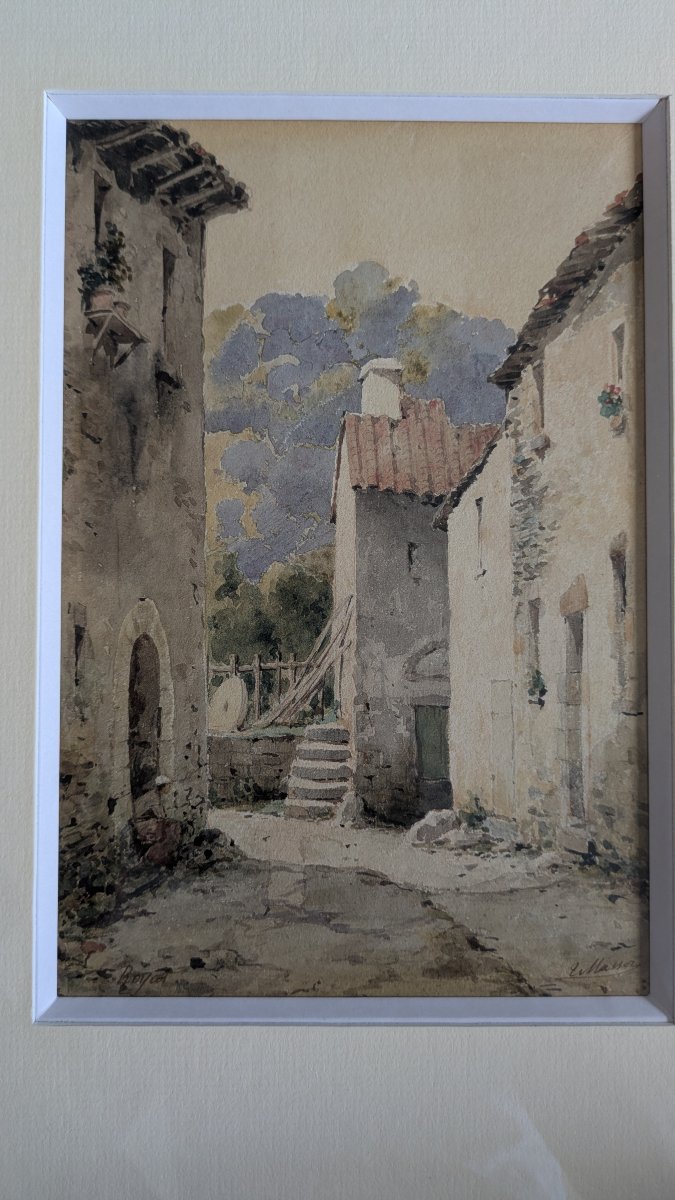Aquarelle signée V. Masson - Ruelle animée à Royat, vers 1900-photo-2