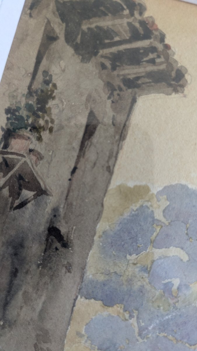 Aquarelle signée V. Masson - Ruelle animée à Royat, vers 1900-photo-3
