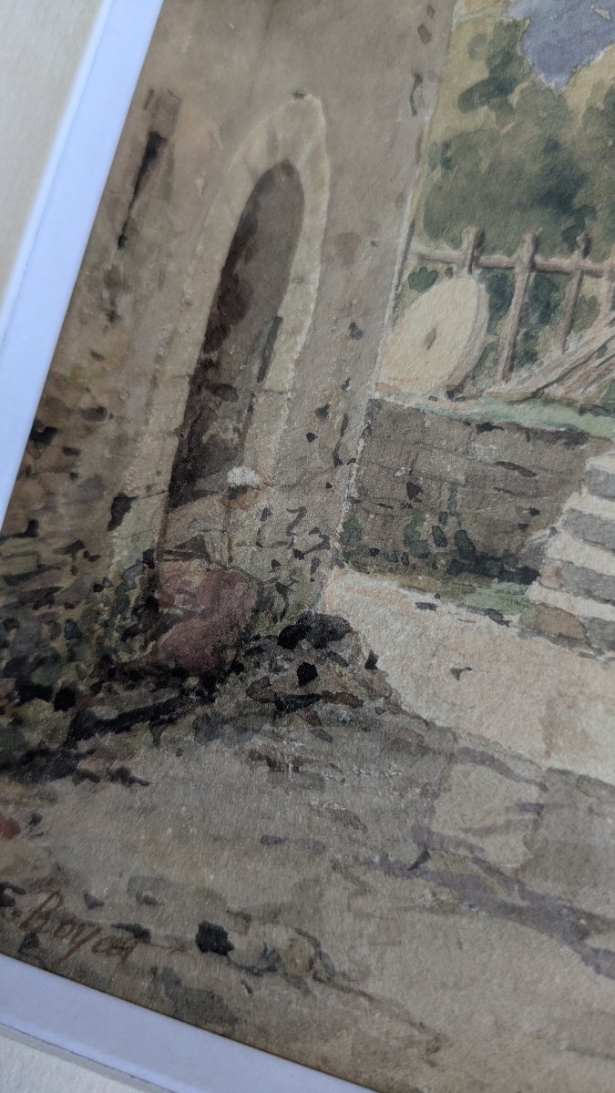 Aquarelle signée V. Masson - Ruelle animée à Royat, vers 1900-photo-4