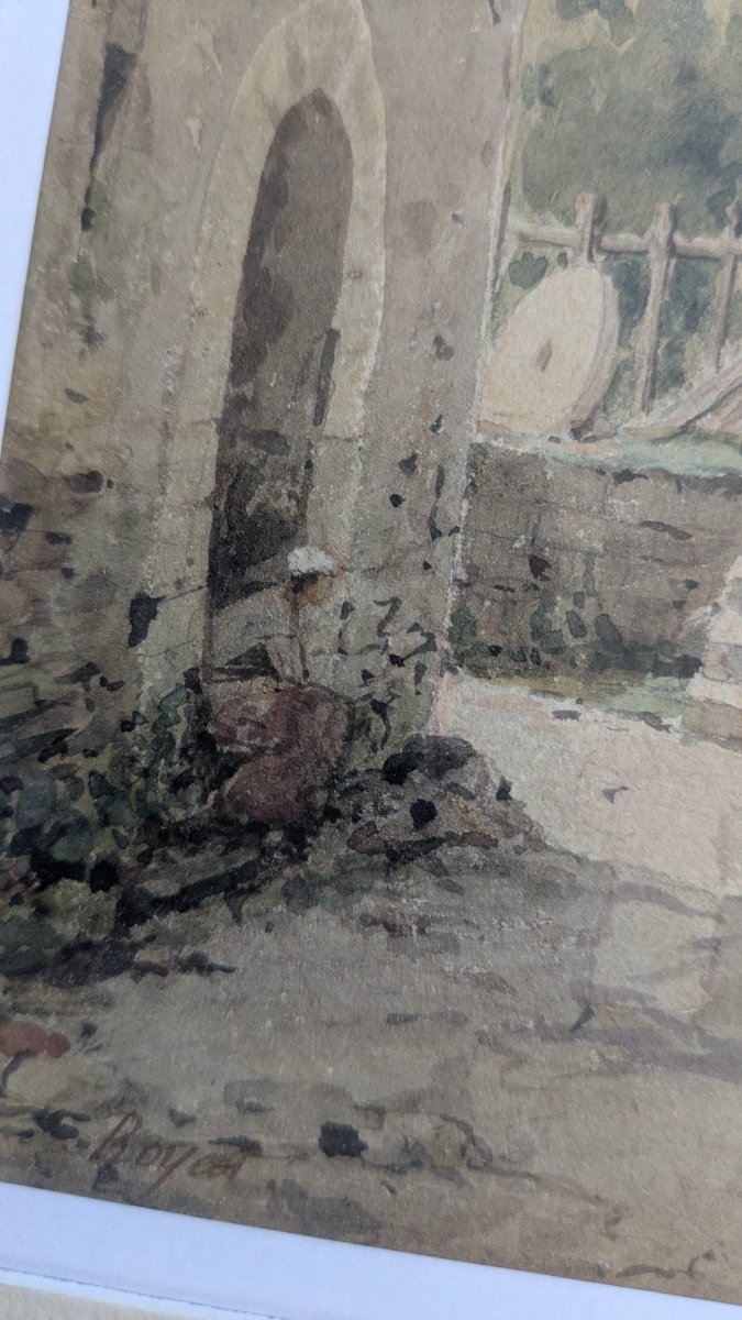 Aquarelle signée V. Masson - Ruelle animée à Royat, vers 1900-photo-5