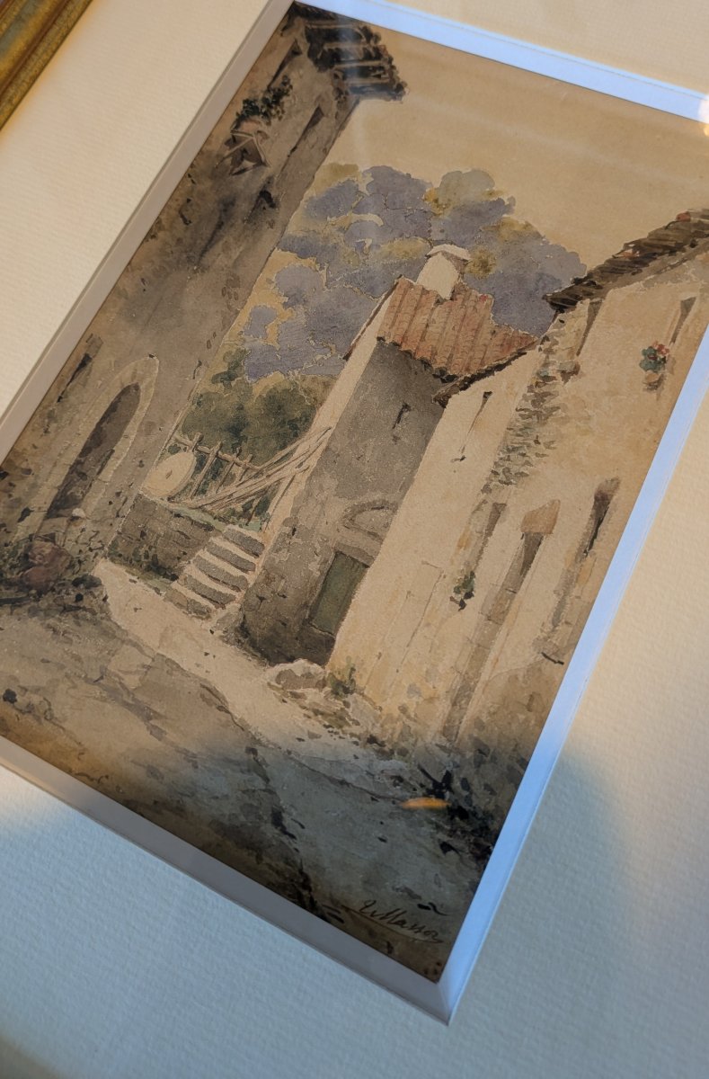 Aquarelle signée V. Masson - Ruelle animée à Royat, vers 1900-photo-6