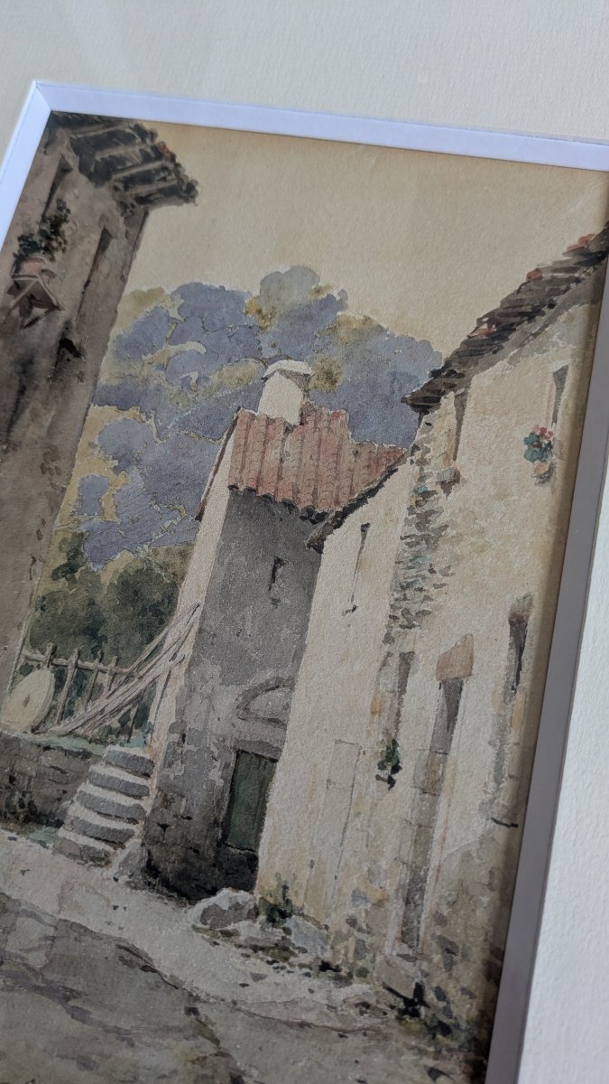 Aquarelle signée V. Masson - Ruelle animée à Royat, vers 1900-photo-7