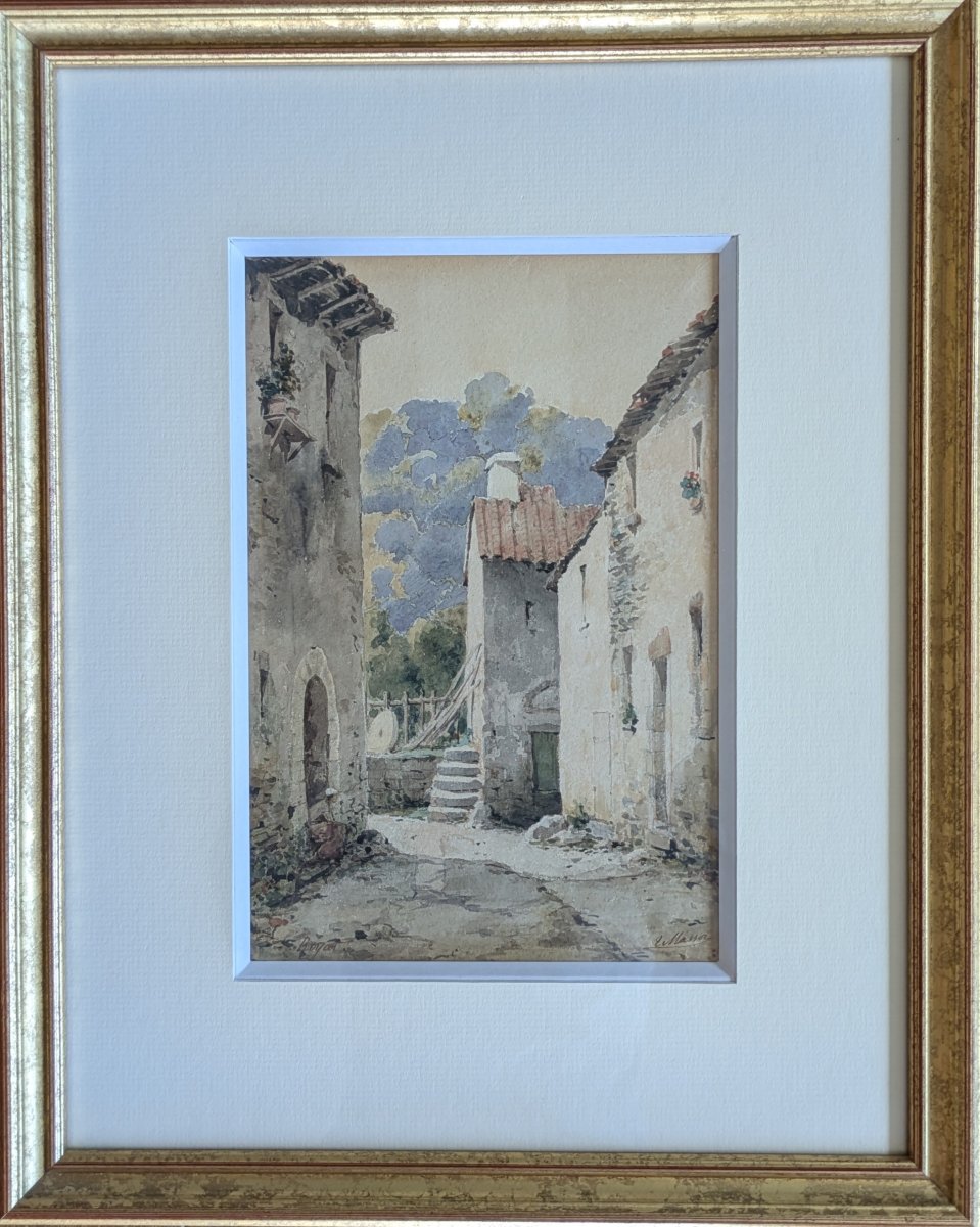 Aquarelle signée V. Masson - Ruelle animée à Royat, vers 1900