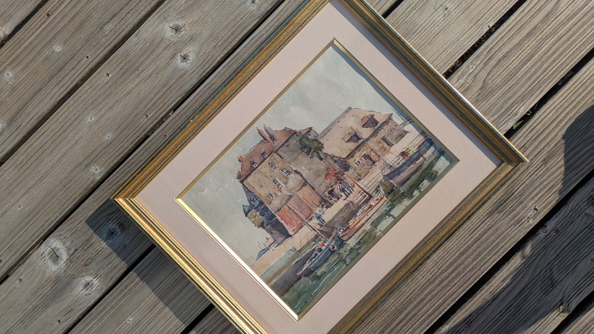 Jean MAREC (1901-1972) - La Lieutenance à Honfleur - Aquarelle marine-photo-3