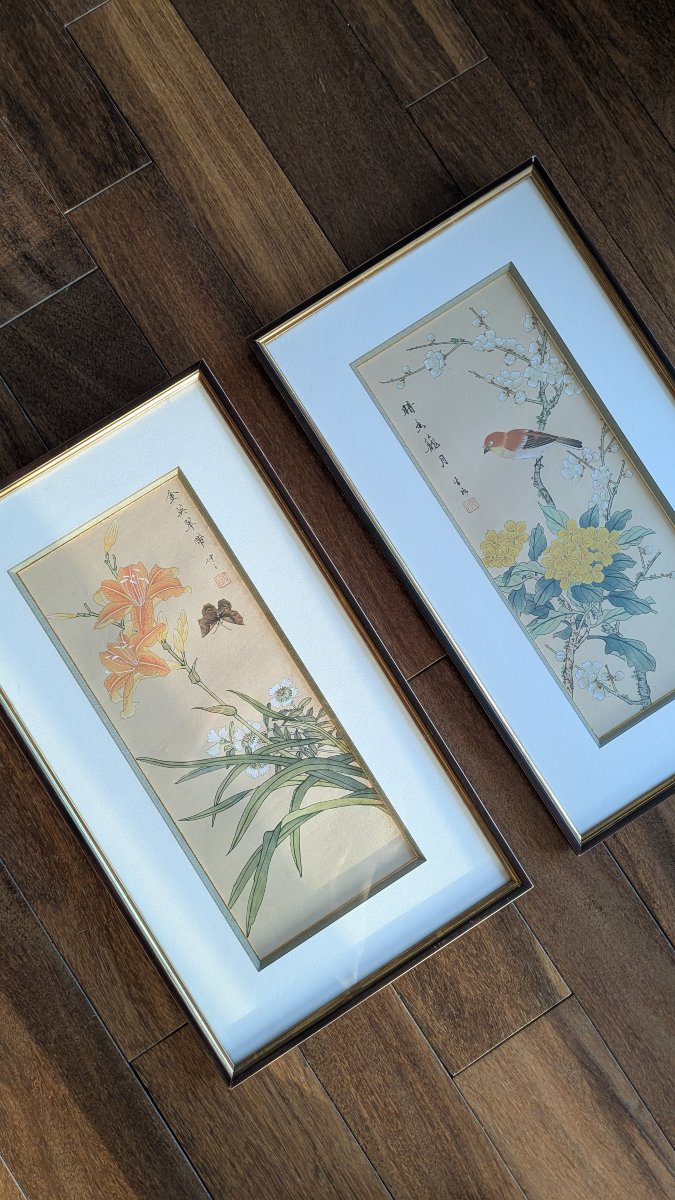 Paire de peintures chinoises sur soie "fleurs et oiseaux", style gongbi, XXe s.-photo-3