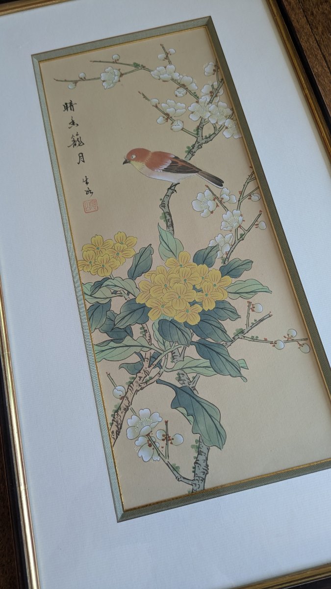 Paire de peintures chinoises sur soie "fleurs et oiseaux", style gongbi, XXe s.-photo-1
