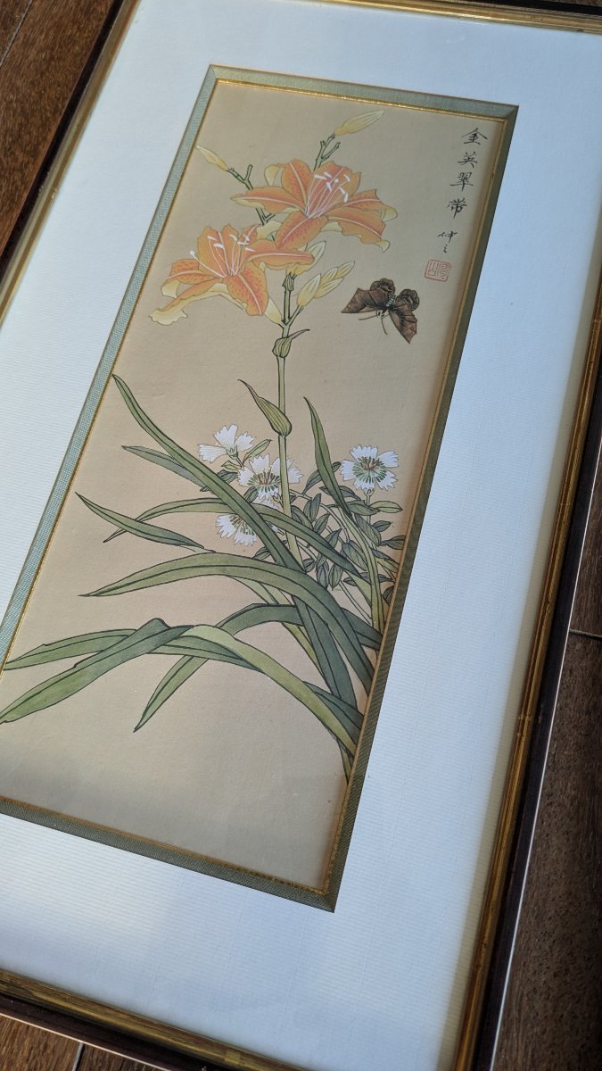 Paire de peintures chinoises sur soie "fleurs et oiseaux", style gongbi, XXe s.-photo-2